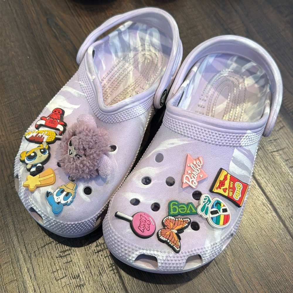 Light purple Crocs with pins